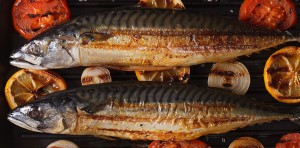 Grilled Mackerel Fish On The Grill Closeup Horizontal Top View
